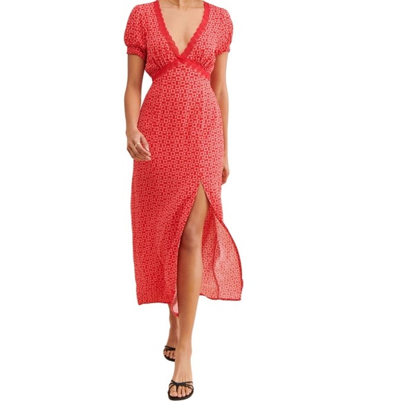 Free People Dresses & Skirts - Free People Red Geometric Lace Trim V-Neck Midi Dress with Front Slit Size S